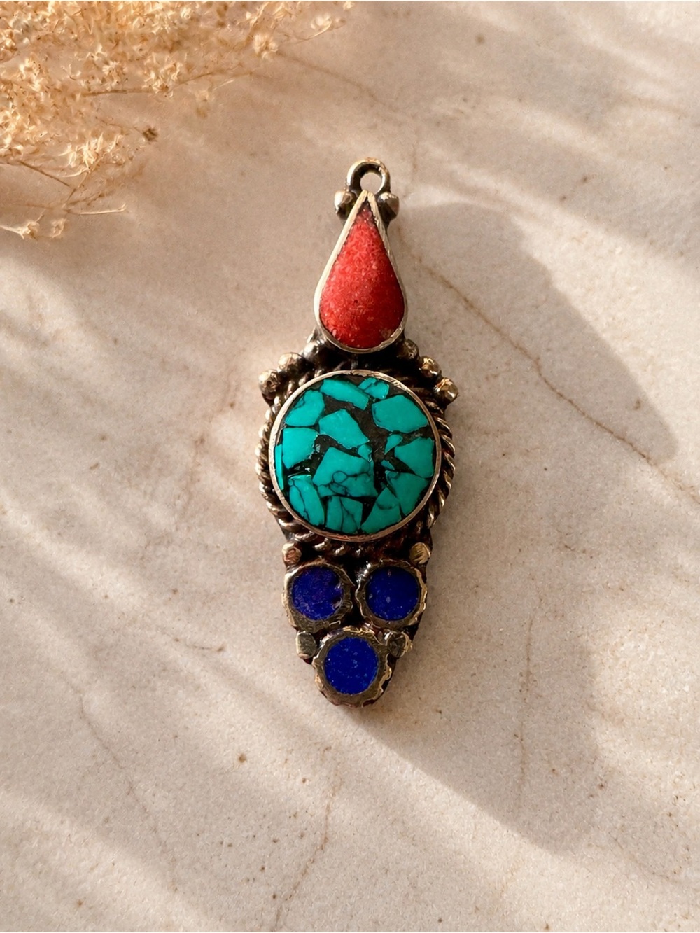 Turquoise, Coral & Lapis Drop Pendant - Women's Artisan Jewelry in Sterling